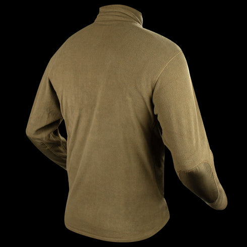 A person wearing a Condor Quarter Zip Pullover—a long-sleeve, light brown fleece and great EDC layer for the shooting range—is seen from the back.
